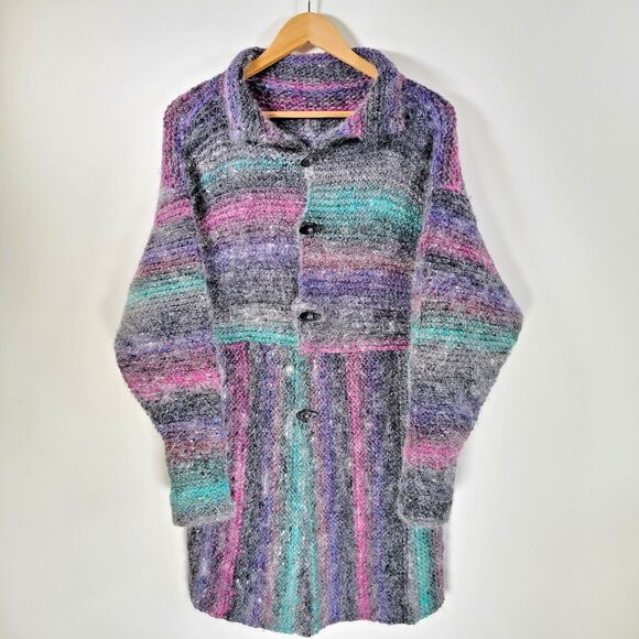 Fuzzy Knit Cardigan Size M Longline Sweater Striped Toggles Einstein Coat Jacket - Picture 1 of 8